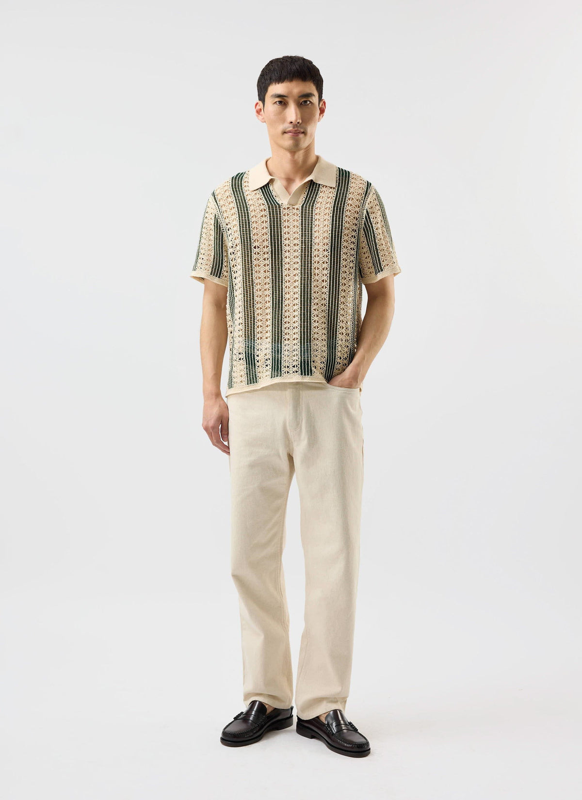 Men's Crochet Polo Shirt: Sarti - Ecru & Forest Green | Percival Discount