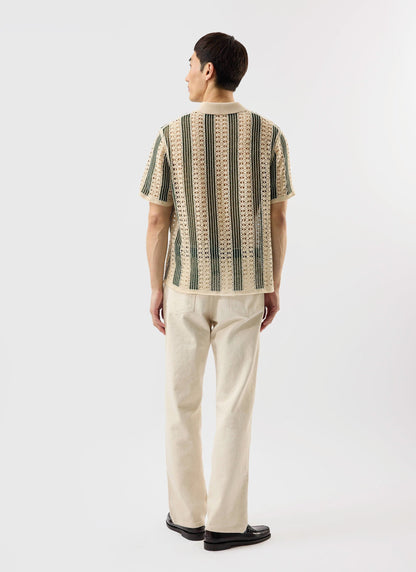 Men's Crochet Polo Shirt: Sarti - Ecru & Forest Green | Percival Discount