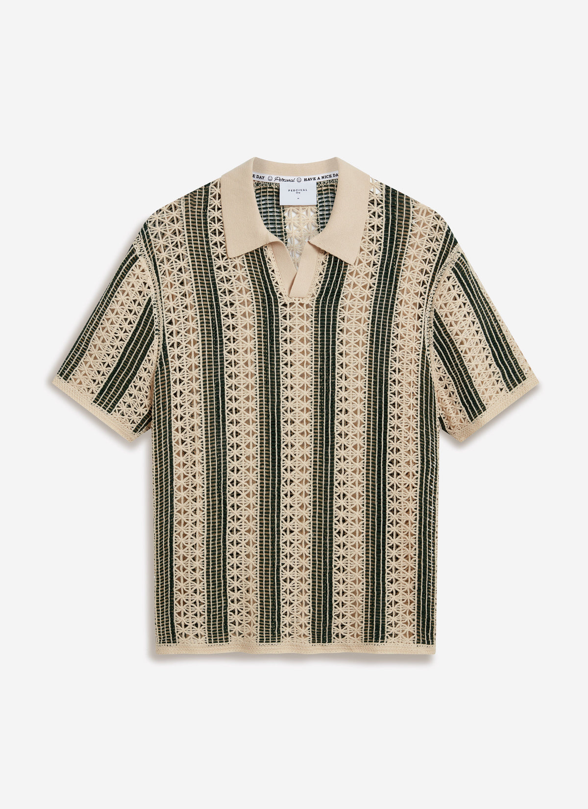 Men's Crochet Polo Shirt: Sarti - Ecru & Forest Green | Percival Discount