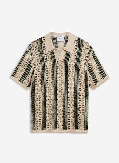 Men's Crochet Polo Shirt: Sarti - Ecru & Forest Green | Percival Discount