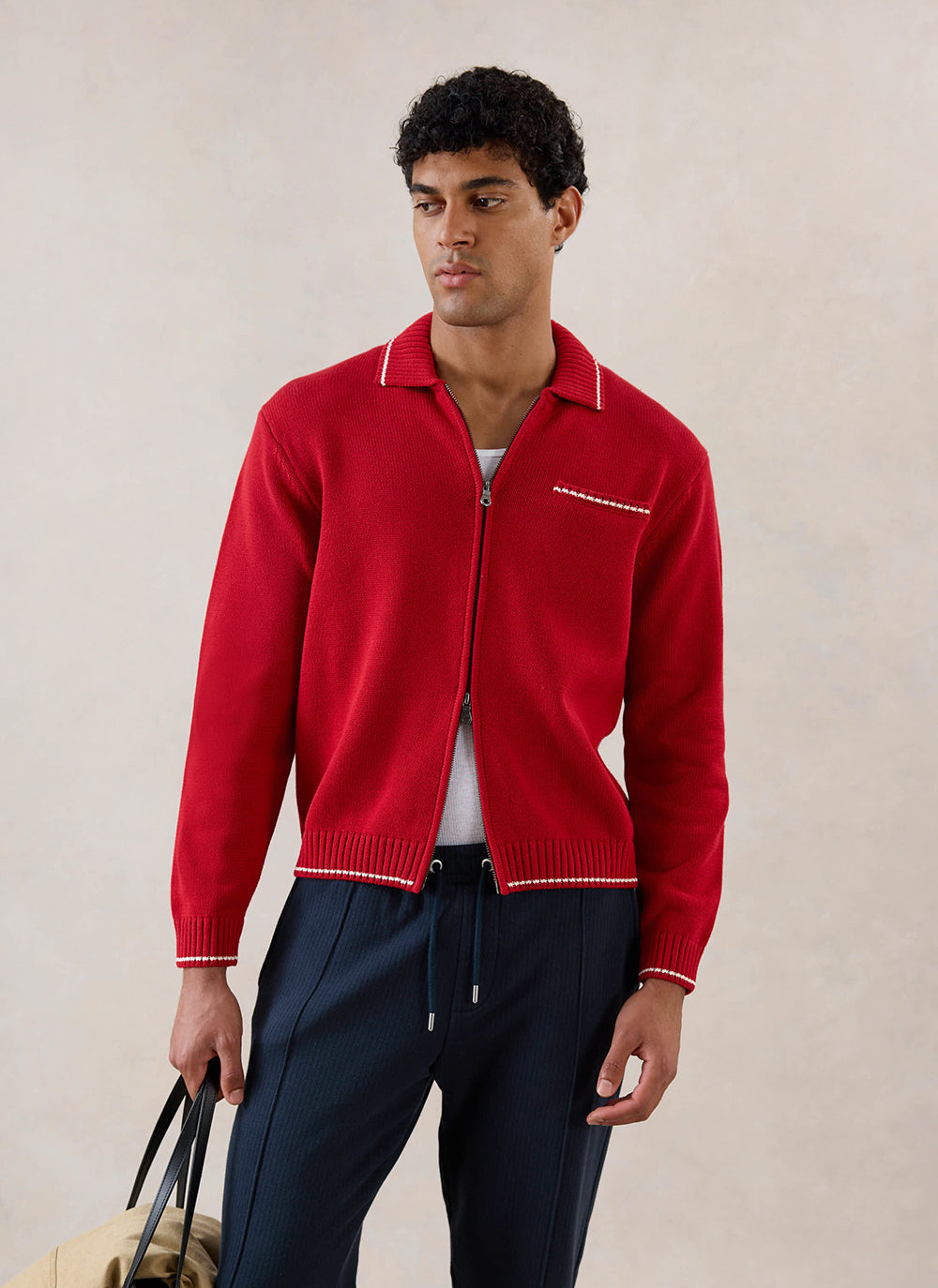 Men's Gardner Dense Knit Zip Cardigan - Red - Percival | Percival Recommended