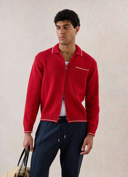 Men's Gardner Dense Knit Zip Cardigan - Red - Percival | Percival Recommended