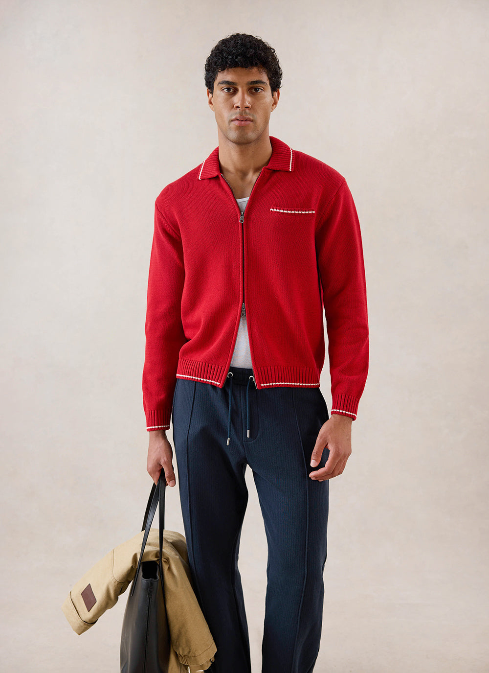 Men's Gardner Dense Knit Zip Cardigan - Red - Percival | Percival Recommended