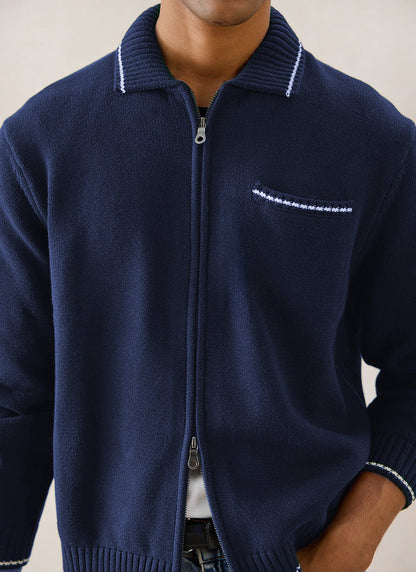 Gardner Cotton Zip Cardigan - Navy Blue - Percival | Percival Exclusive