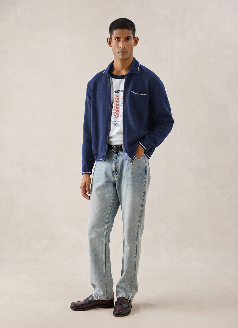Gardner Cotton Zip Cardigan - Navy Blue - Percival | Percival Exclusive