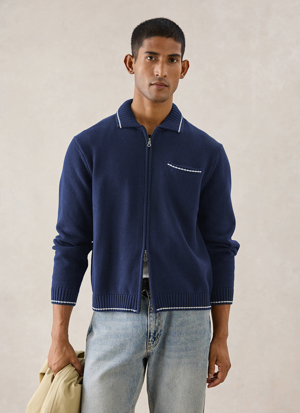 Gardner Cotton Zip Cardigan - Navy Blue - Percival | Percival Exclusive