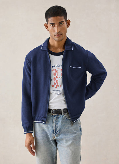 Gardner Cotton Zip Cardigan - Navy Blue - Percival | Percival Exclusive