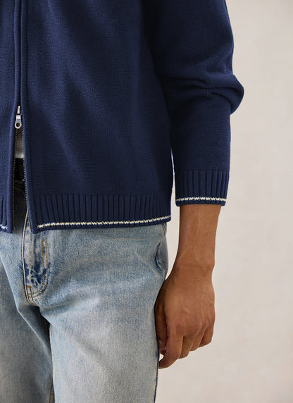 Gardner Cotton Zip Cardigan - Navy Blue - Percival | Percival Exclusive