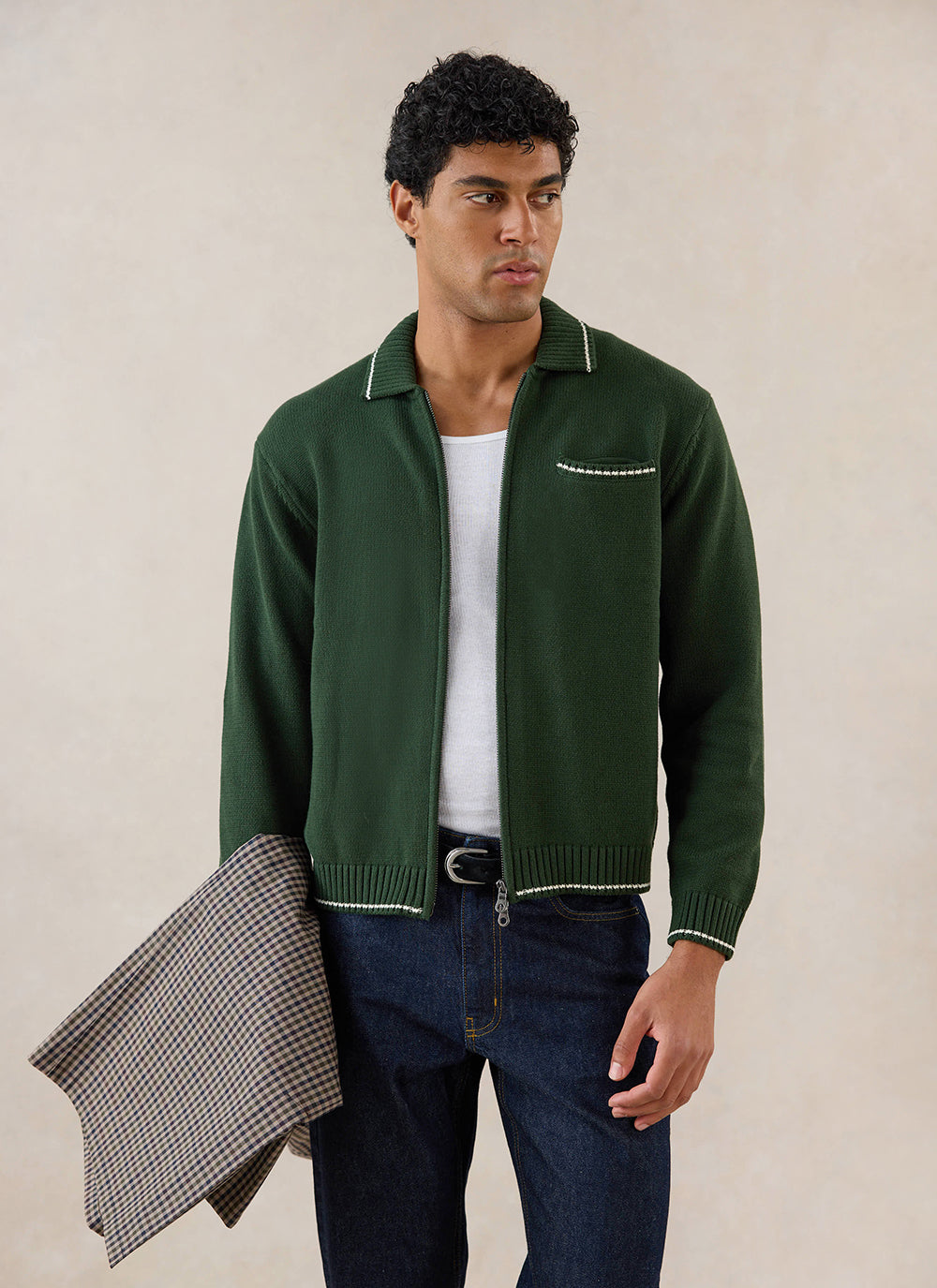Gardner Dense Knit Zip Cardigan - Cotton - Forest Green - Percival | Percival Featured
