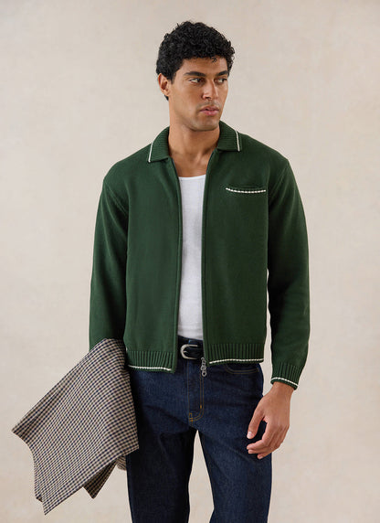 Gardner Dense Knit Zip Cardigan - Cotton - Forest Green - Percival | Percival Featured