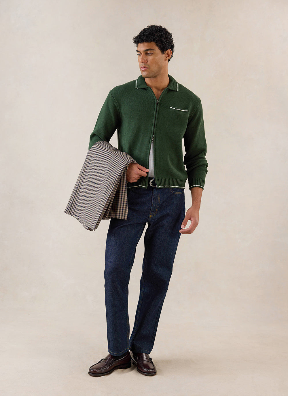 Gardner Dense Knit Zip Cardigan - Cotton - Forest Green - Percival | Percival Featured