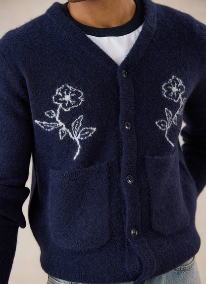 Gibson White Glove Jacquard Cardigan - Navy Mohair Wool - Percival | Percival Quality