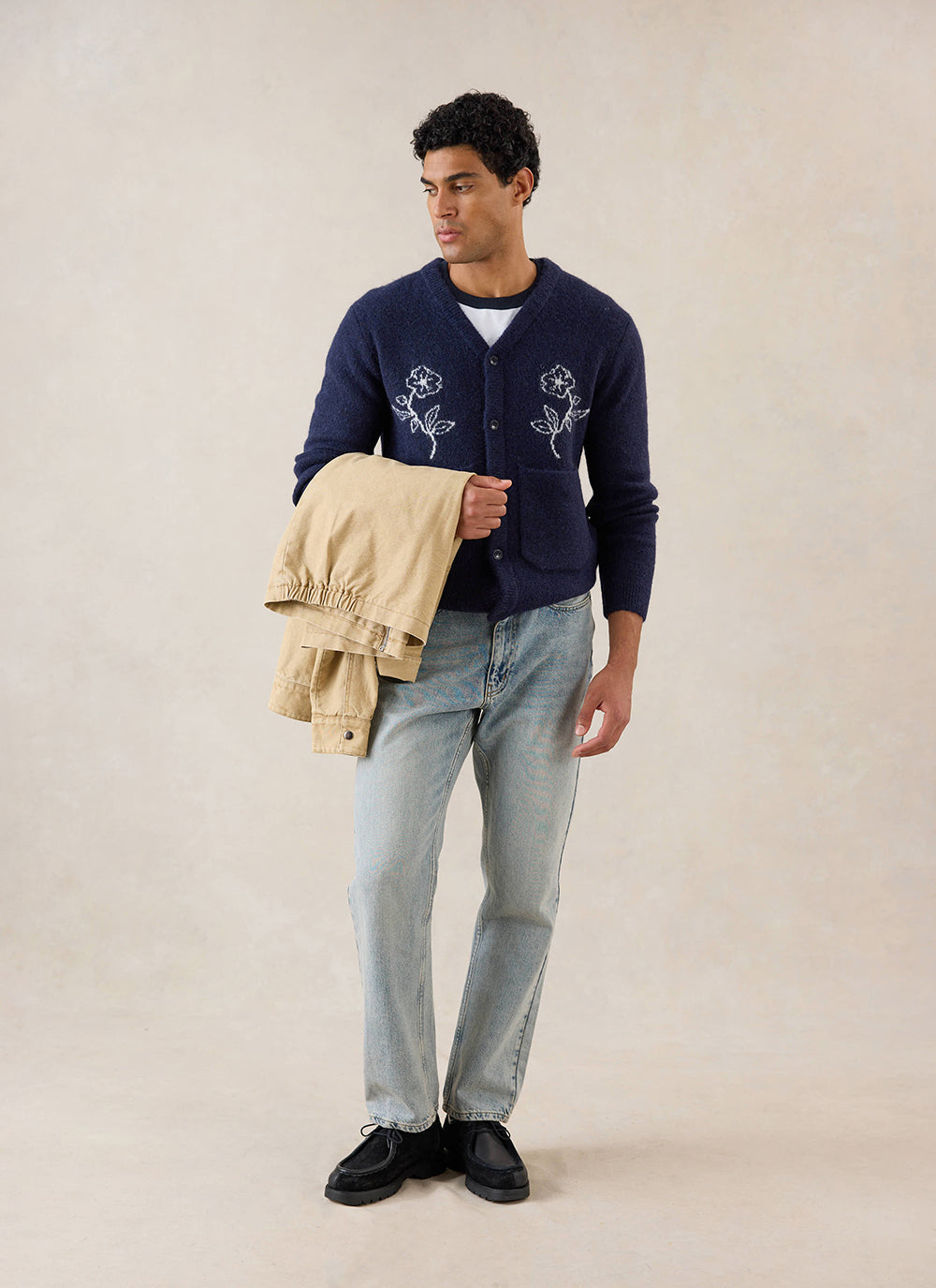 Gibson White Glove Jacquard Cardigan - Navy Mohair Wool - Percival | Percival Quality