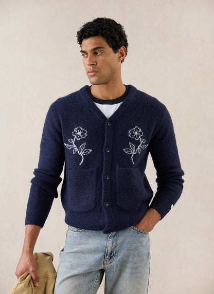 Gibson White Glove Jacquard Cardigan - Navy Mohair Wool - Percival | Percival Quality