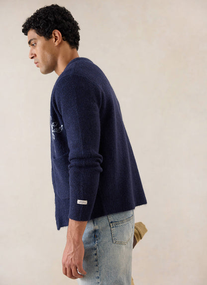 Gibson White Glove Jacquard Cardigan - Navy Mohair Wool - Percival | Percival Quality