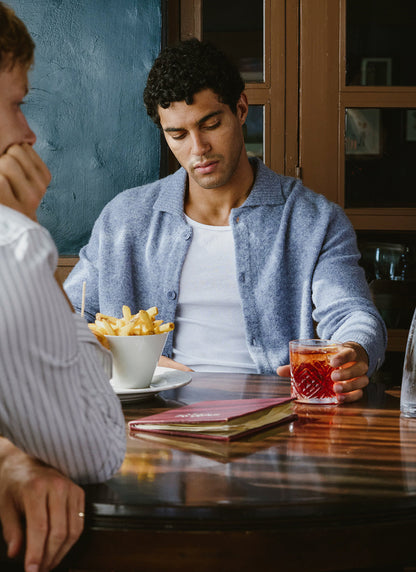 Men's Collared Knit Cardigan - Yak Wool Blend - Heather Blue - Percival | Percival Trusted