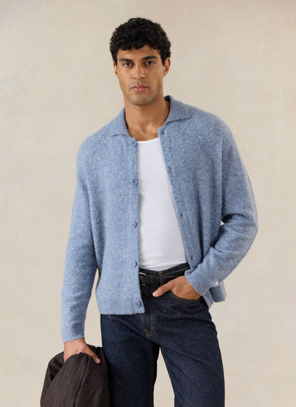 Men's Collared Knit Cardigan - Yak Wool Blend - Heather Blue - Percival | Percival Trusted