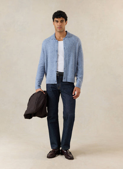Men's Collared Knit Cardigan - Yak Wool Blend - Heather Blue - Percival | Percival Trusted