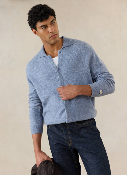 Men's Collared Knit Cardigan - Yak Wool Blend - Heather Blue - Percival | Percival Trusted
