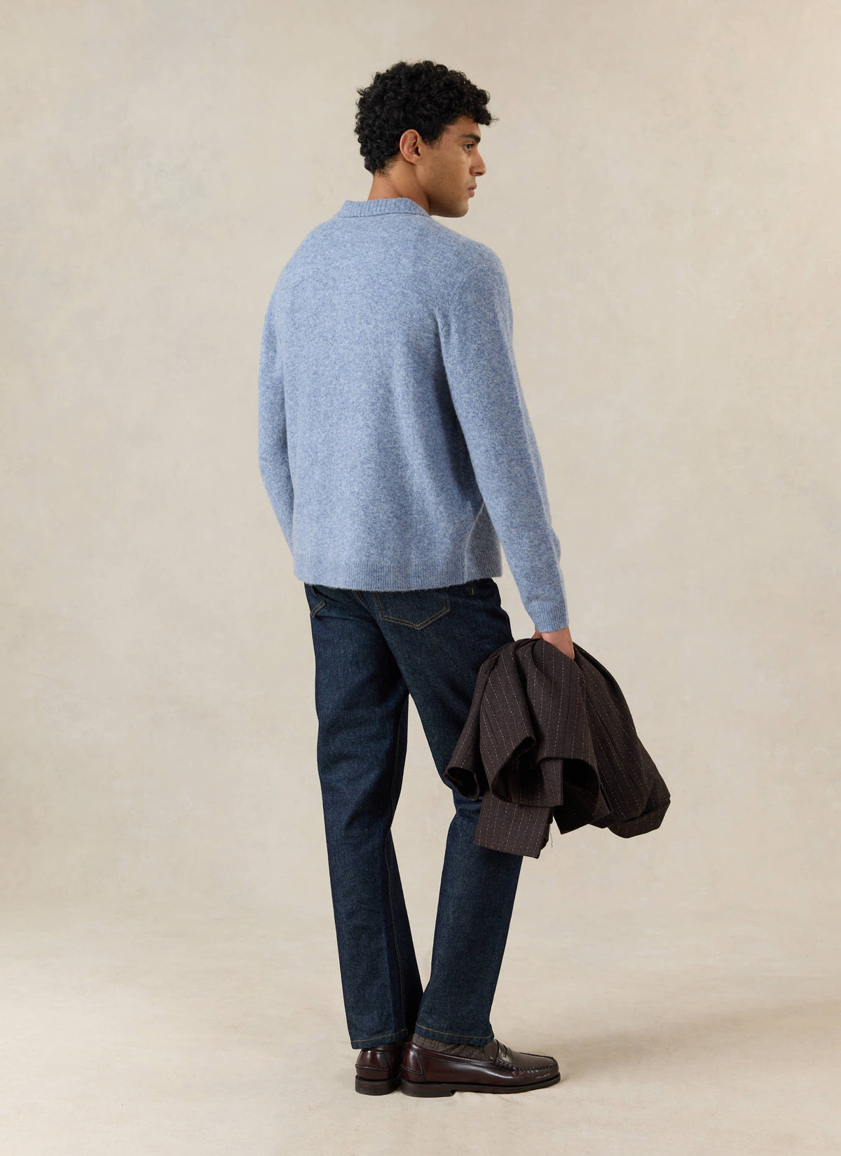 Men's Collared Knit Cardigan - Yak Wool Blend - Heather Blue - Percival | Percival Trusted