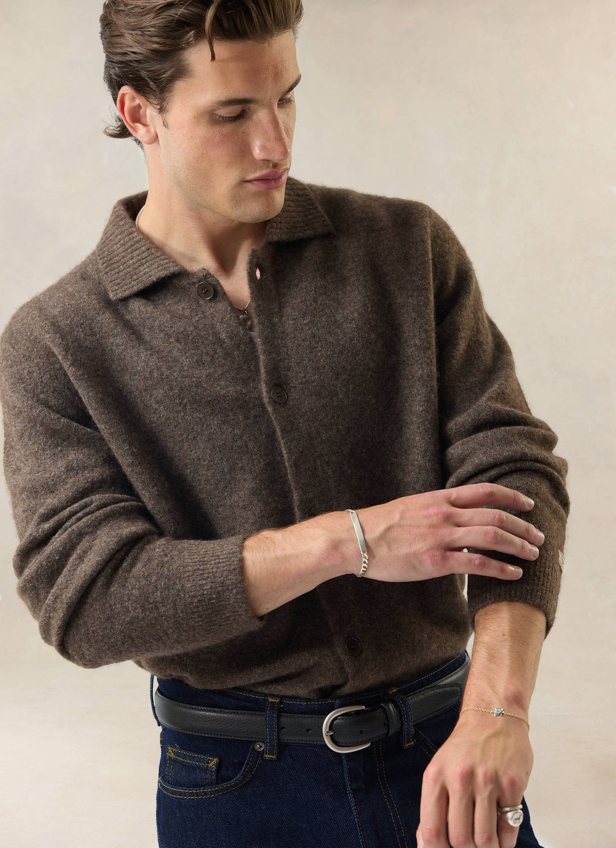 Men's Collared Knit Cardigan - Yak Wool Blend - Brown - Percival | Percival Sale