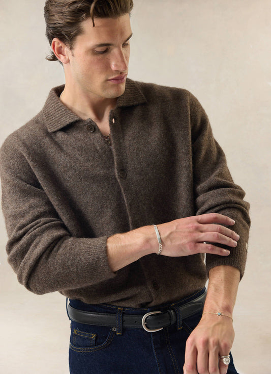 Men's Collared Knit Cardigan - Yak Wool Blend - Brown - Percival | Percival Sale