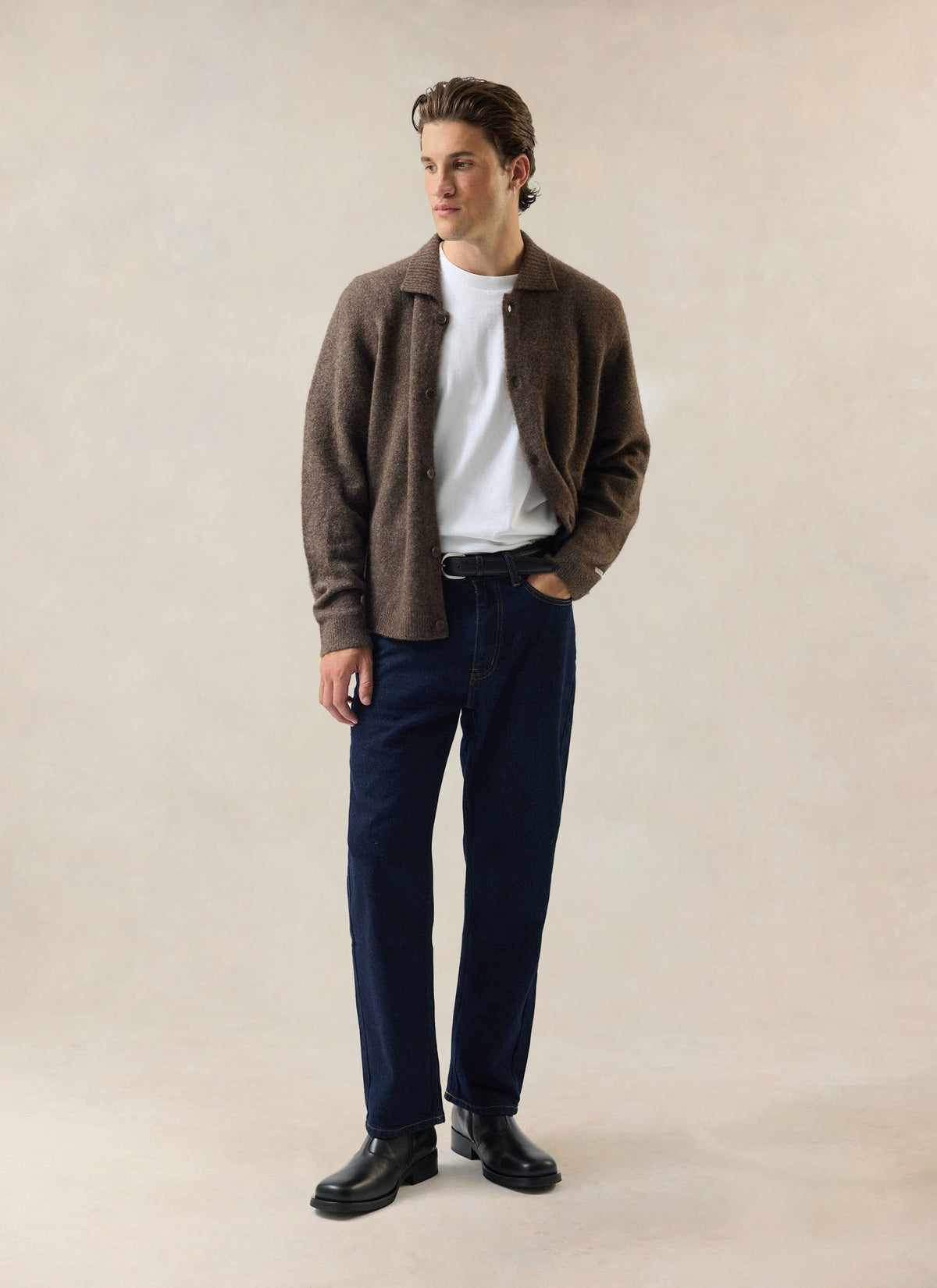 Men's Collared Knit Cardigan - Yak Wool Blend - Brown - Percival | Percival Sale