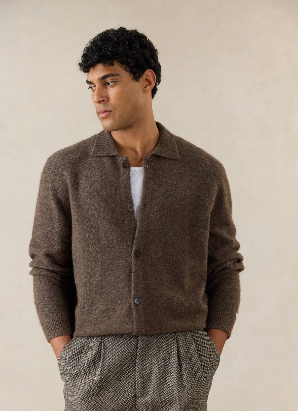 Men's Collared Knit Cardigan - Yak Wool Blend - Brown - Percival | Percival Sale
