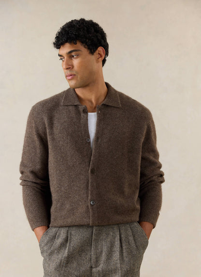 Men's Collared Knit Cardigan - Yak Wool Blend - Brown - Percival | Percival Sale