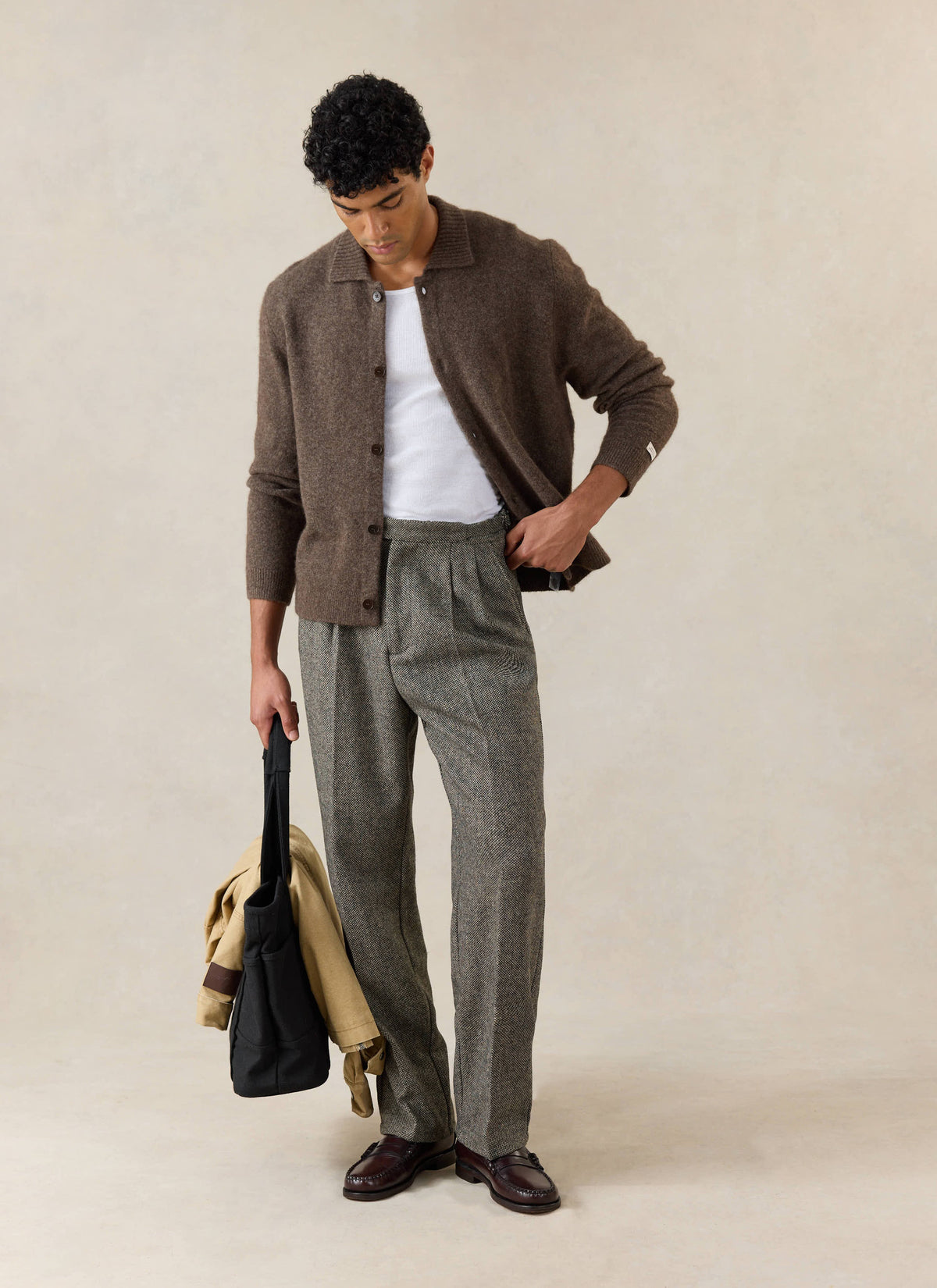 Men's Collared Knit Cardigan - Yak Wool Blend - Brown - Percival | Percival Sale