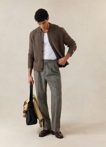 Men's Collared Knit Cardigan - Yak Wool Blend - Brown - Percival | Percival Sale