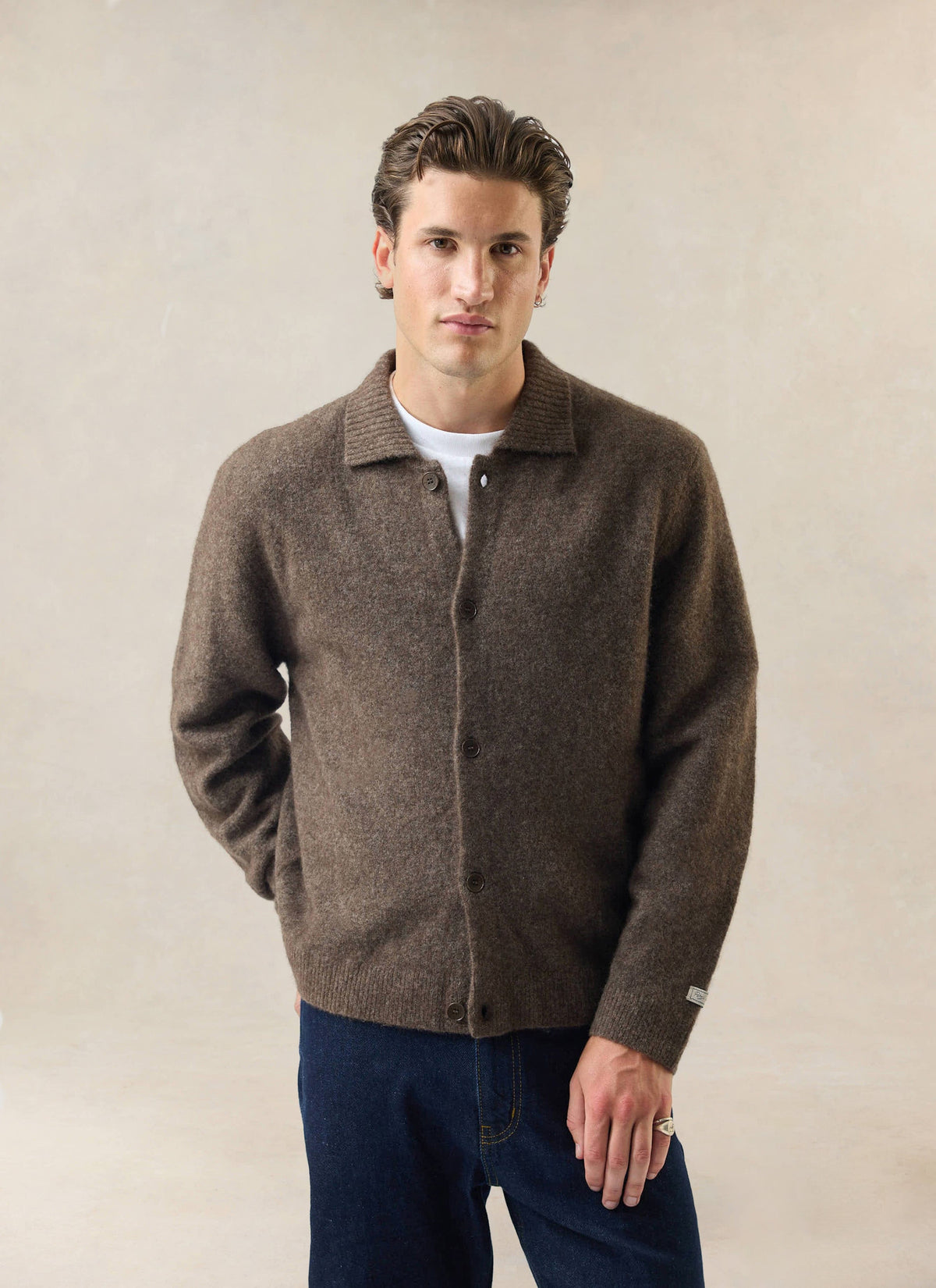 Men's Collared Knit Cardigan - Yak Wool Blend - Brown - Percival | Percival Sale