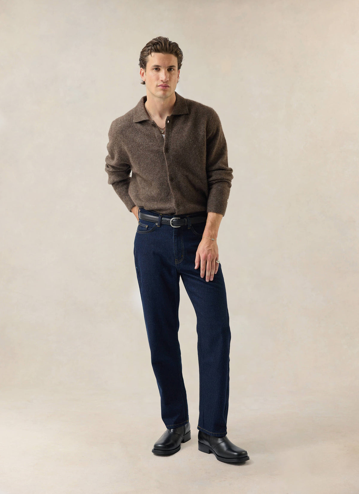 Men's Collared Knit Cardigan - Yak Wool Blend - Brown - Percival | Percival Sale
