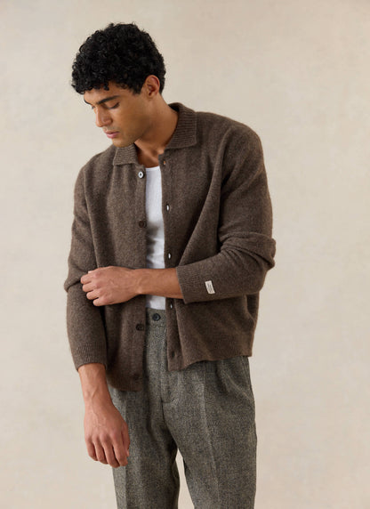 Men's Collared Knit Cardigan - Yak Wool Blend - Brown - Percival | Percival Sale
