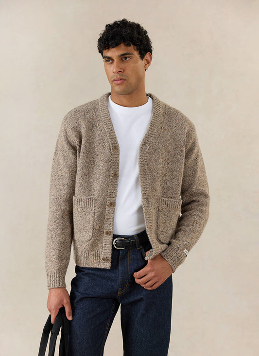 Men's V Neck Cardigan: Rhodes - Cotton Blend - Oak - Percival | Percival Popular