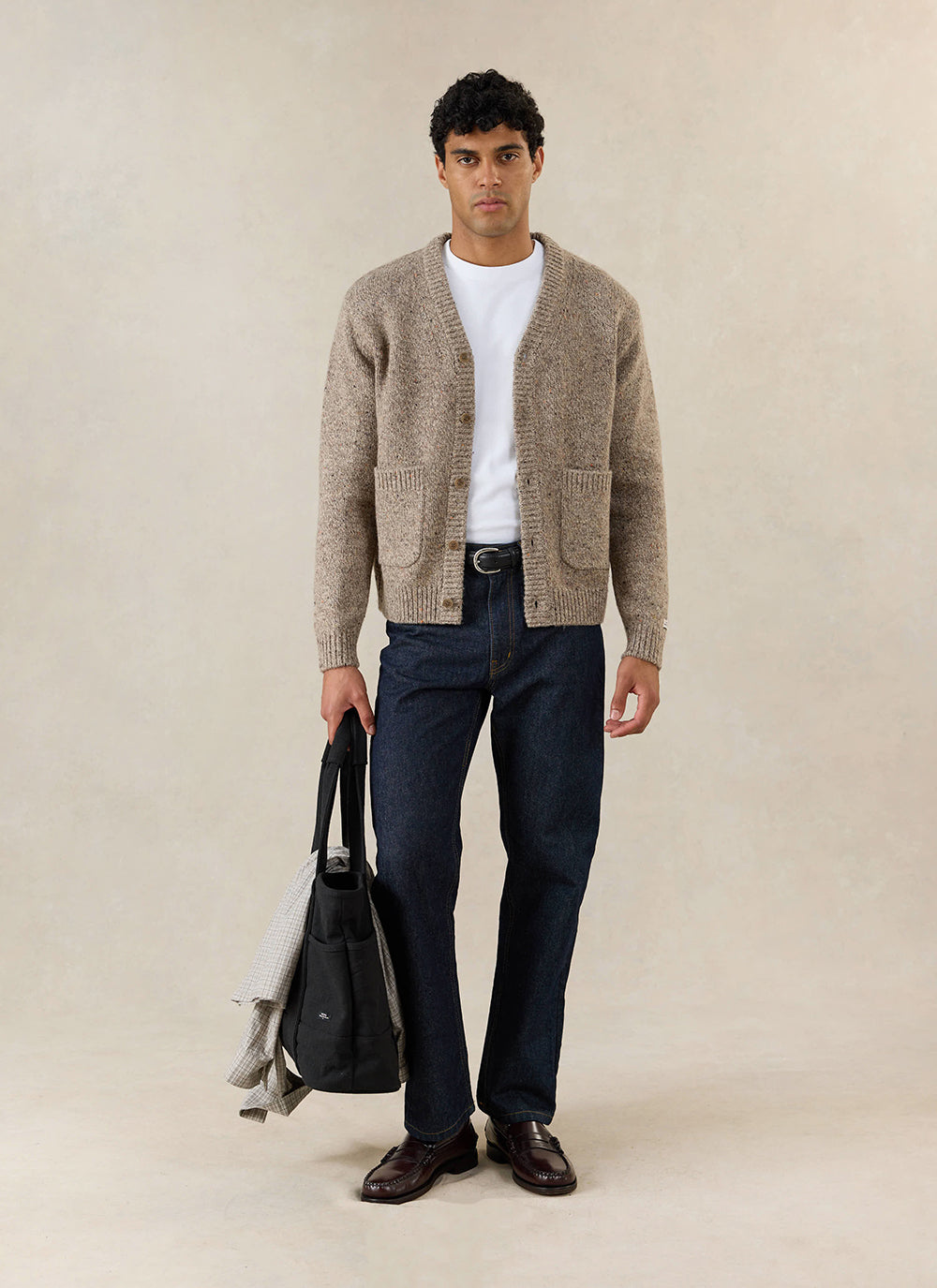 Men's V Neck Cardigan: Rhodes - Cotton Blend - Oak - Percival | Percival Popular