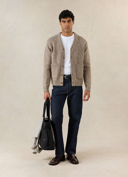 Men's V Neck Cardigan: Rhodes - Cotton Blend - Oak - Percival | Percival Popular