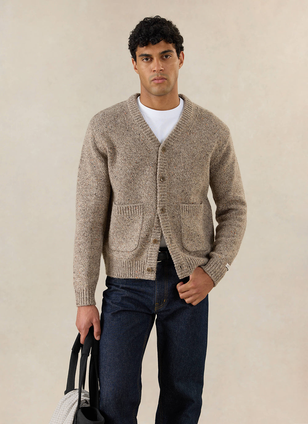Men's V Neck Cardigan: Rhodes - Cotton Blend - Oak - Percival | Percival Popular