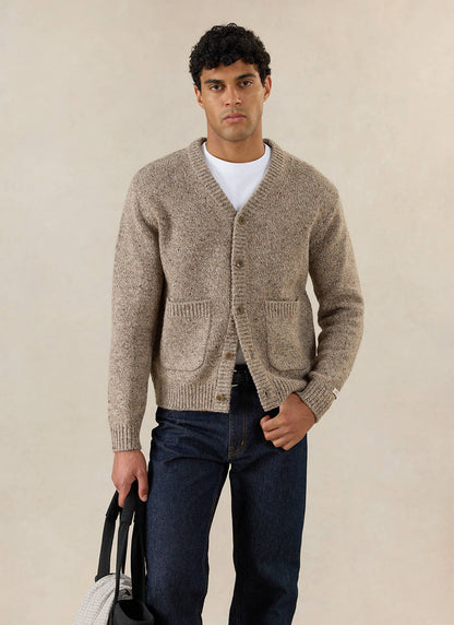Men's V Neck Cardigan: Rhodes - Cotton Blend - Oak - Percival | Percival Popular