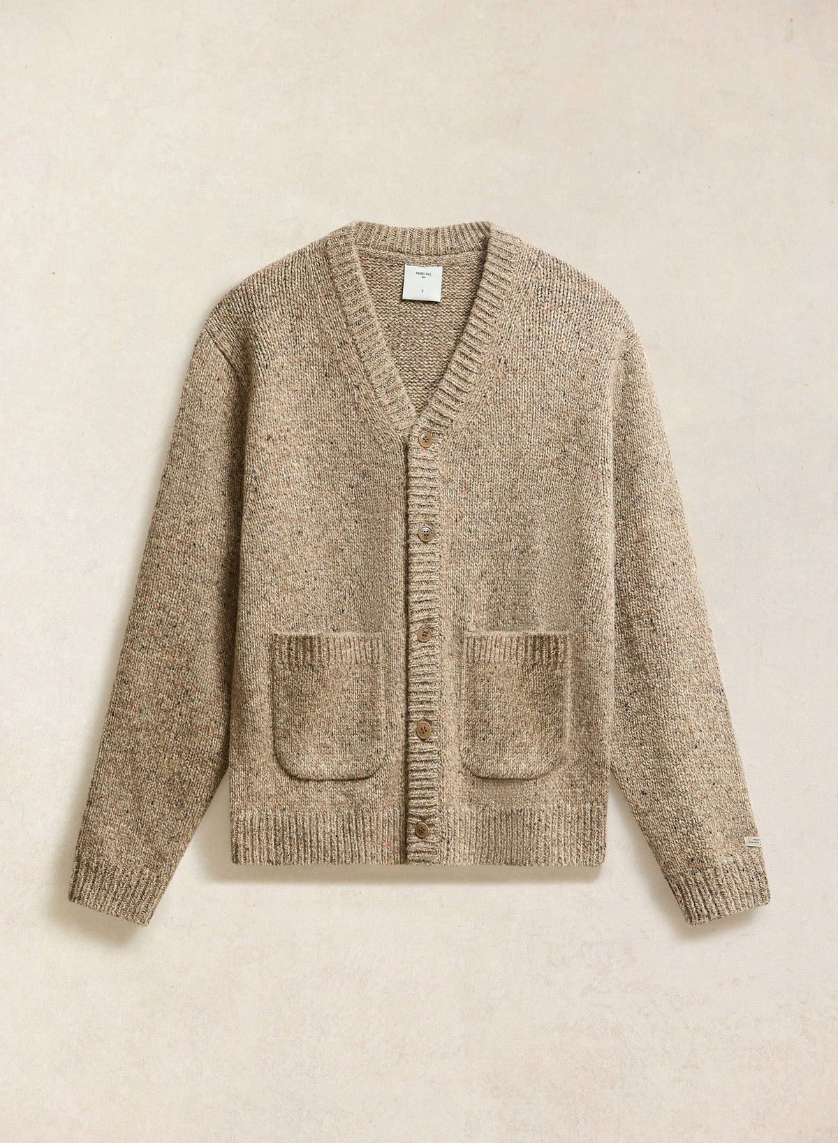 Men's V Neck Cardigan: Rhodes - Cotton Blend - Oak - Percival | Percival Popular