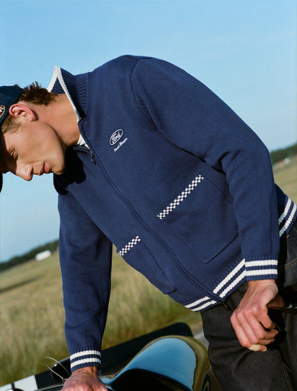 Men's Embroidered Zip Cardigan - Ford x Percival - Blue - Cotton | Percival Smart Buy