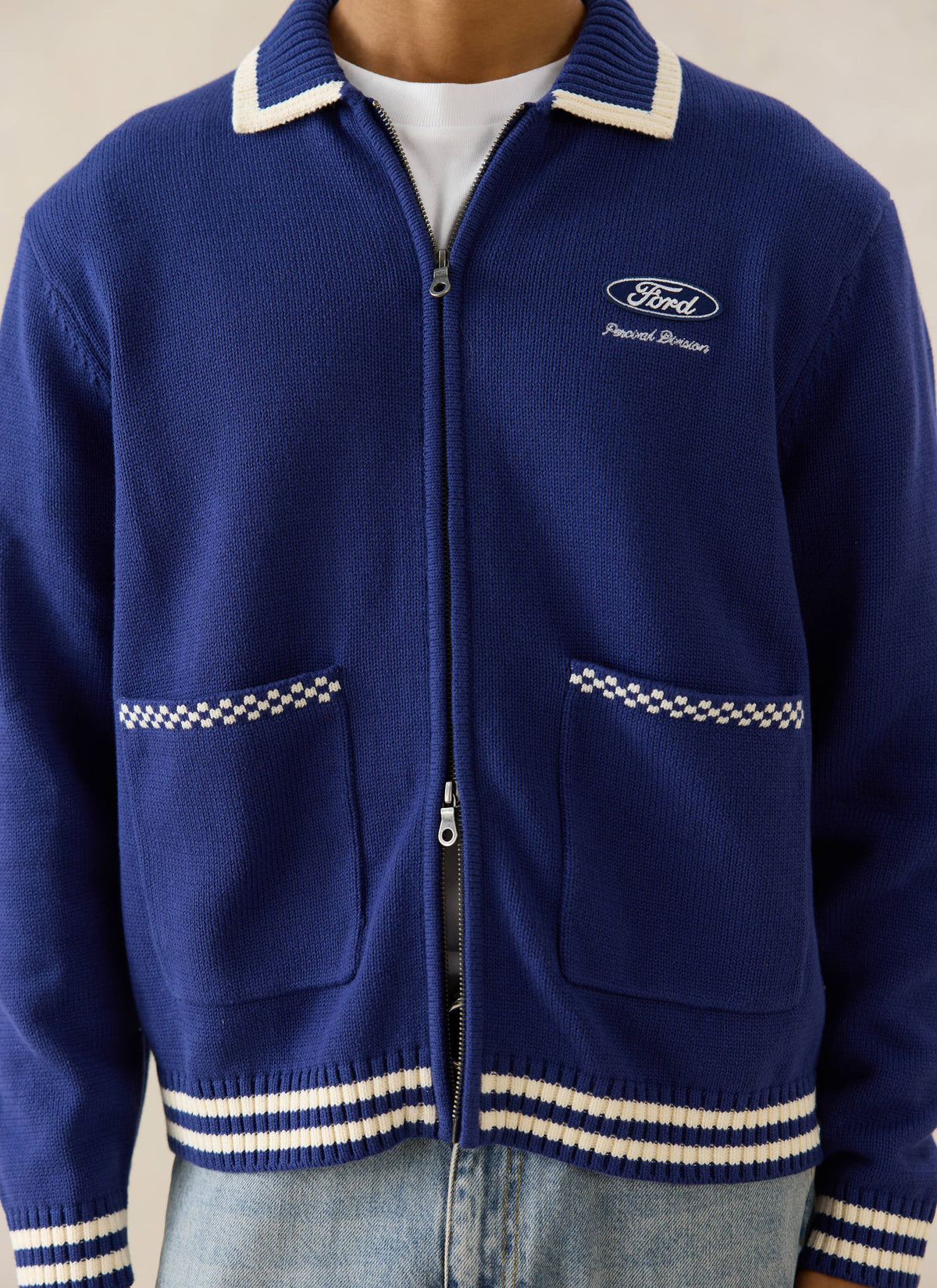 Men's Embroidered Zip Cardigan - Ford x Percival - Blue - Cotton | Percival Smart Buy