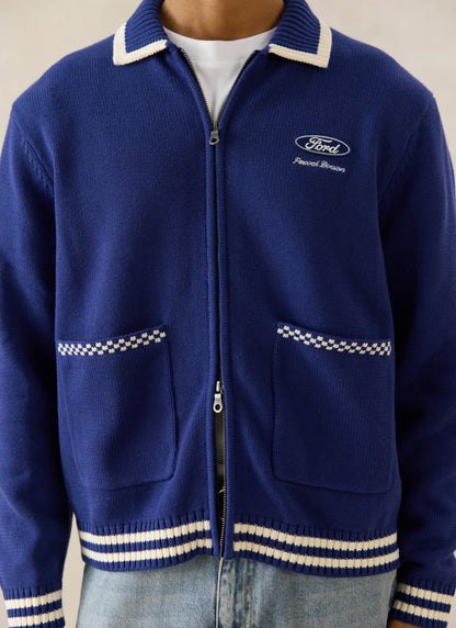 Men's Embroidered Zip Cardigan - Ford x Percival - Blue - Cotton | Percival Smart Buy