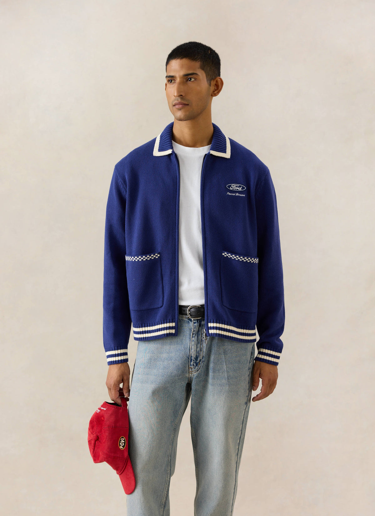 Men's Embroidered Zip Cardigan - Ford x Percival - Blue - Cotton | Percival Smart Buy