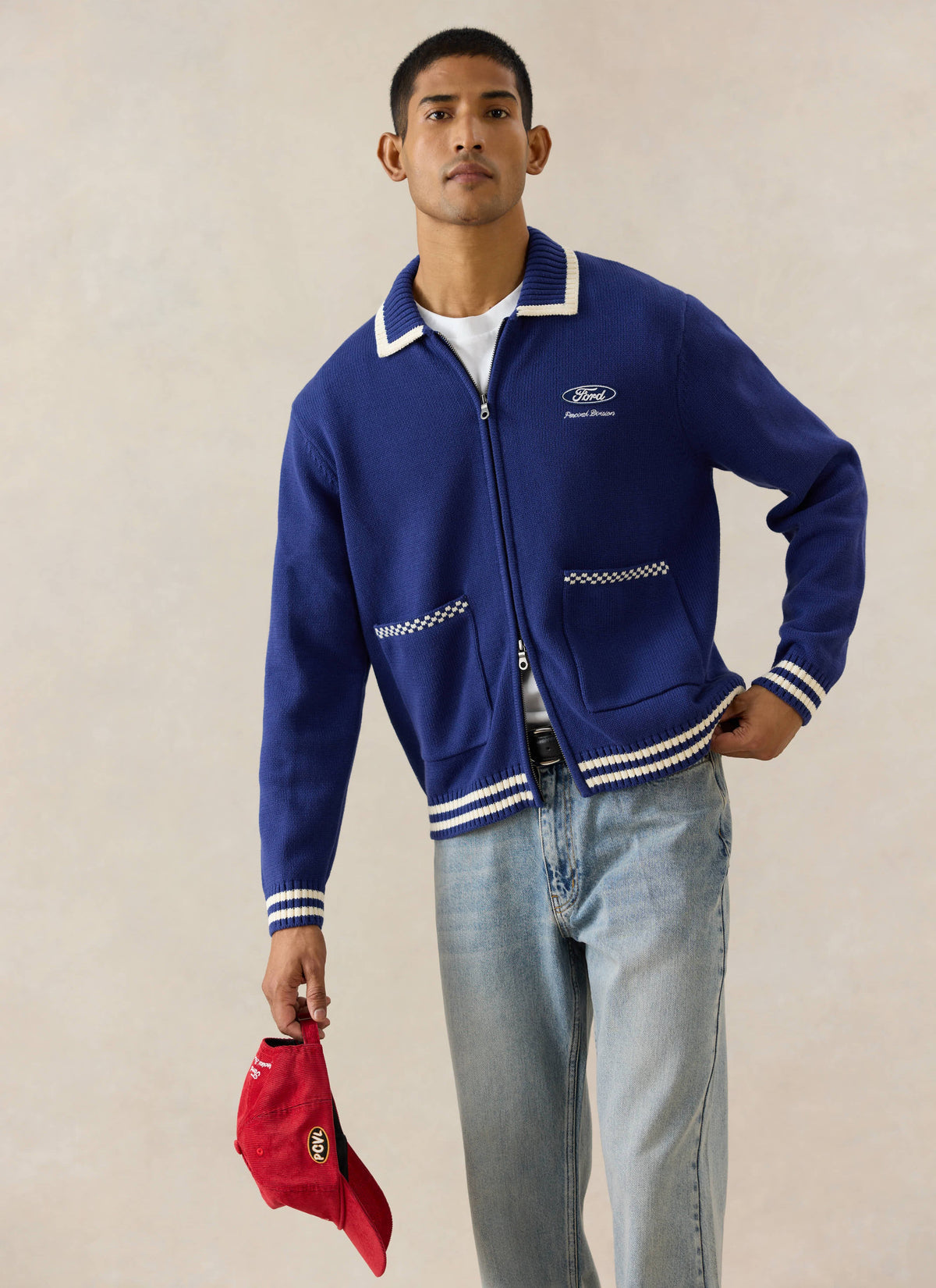 Men's Embroidered Zip Cardigan - Ford x Percival - Blue - Cotton | Percival Smart Buy