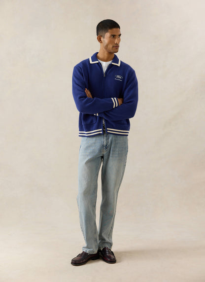 Men's Embroidered Zip Cardigan - Ford x Percival - Blue - Cotton | Percival Smart Buy
