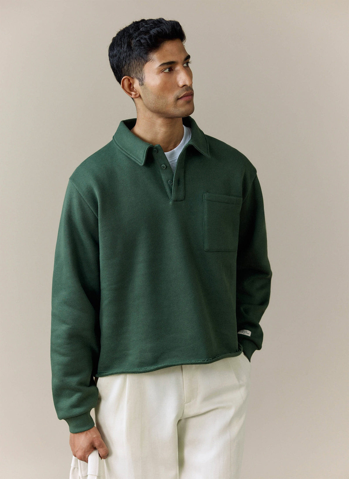 Men's Boxy Polo Sweatshirt - Cotton - Green | Percival Deals