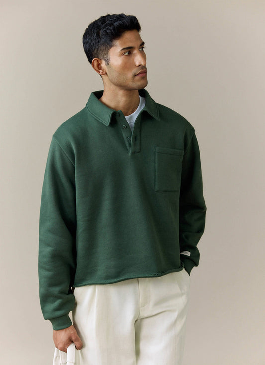 Men's Boxy Polo Sweatshirt - Cotton - Green | Percival Deals