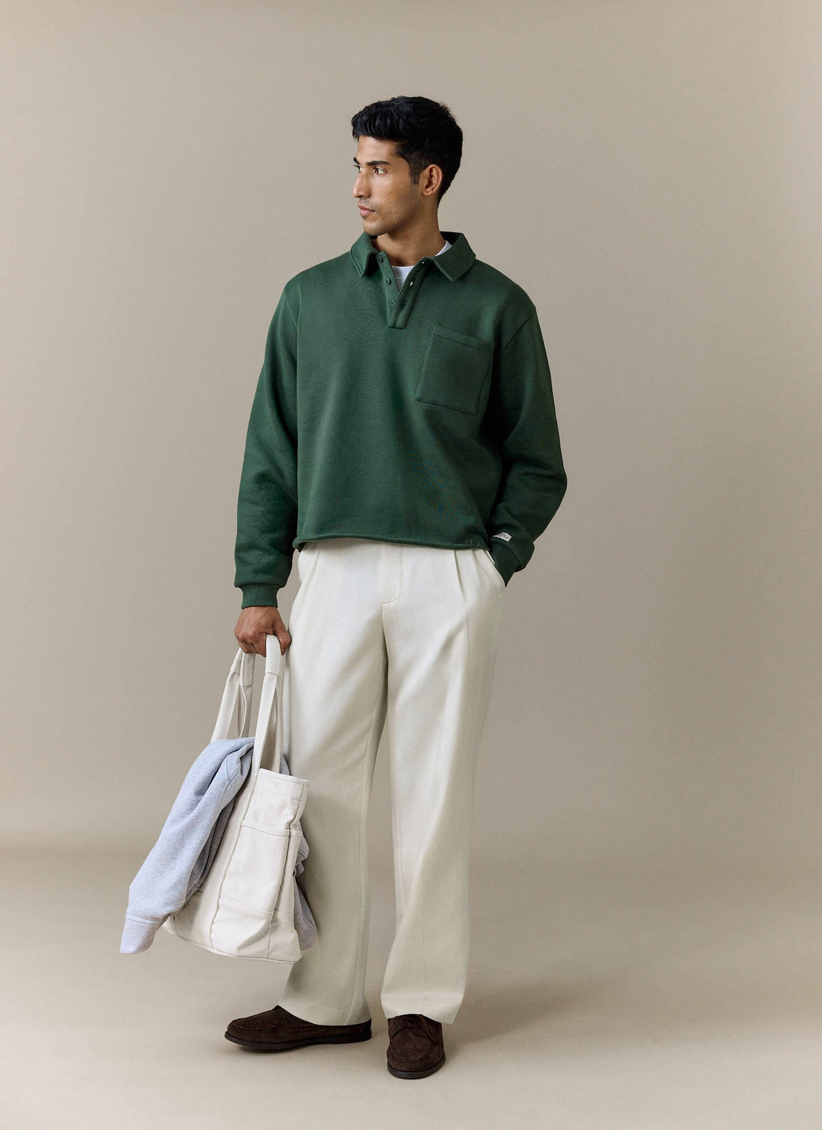 Men's Boxy Polo Sweatshirt - Cotton - Green | Percival Deals