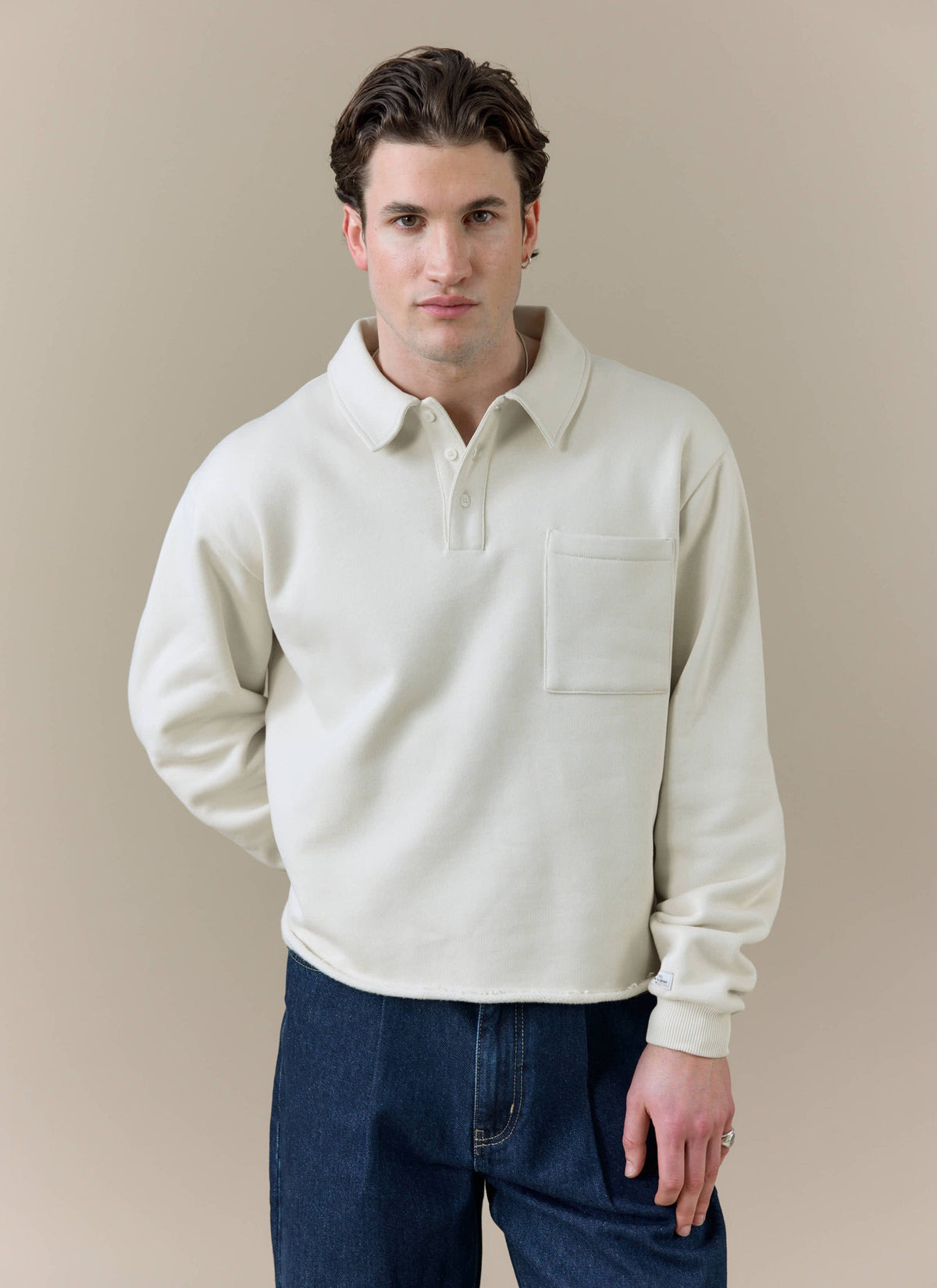 Men's Boxy Polo Sweatshirt - Cotton - Cream | Percival New